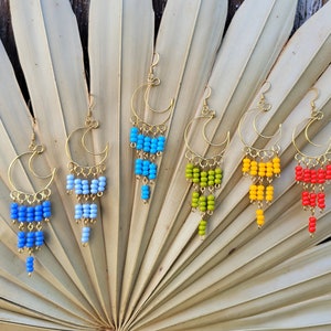 Boho moon chandelier earrings, picasso Czech glass, unique, statement,
