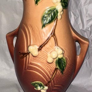 May include: A brown and peach colored ceramic vase with two handles. The vase has a floral design with white flowers and green leaves.
