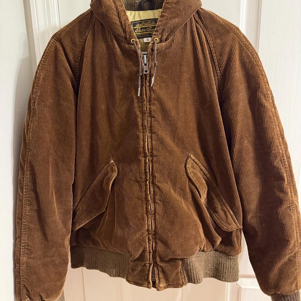 Vintage Eddie Bauer Expedition Brown Corduroy Down Hooded Bomber Jacket Men’s S