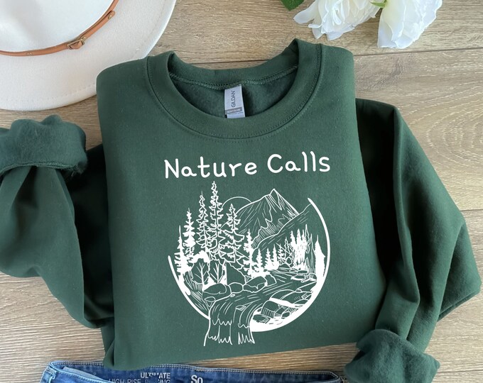 Nature Calls Crewneck Sweatshirt - Mountain, Trees, and River Scenery - Inspirational Wilderness Apparel - Outdoor Adventure Sweater