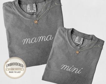 Mommy and Me Shirts Comfort Colors Kids Matching T-shirts Embroidered Mama and Daughter Son Custom Mama Mini Outfits Mommy Girl Boy Mom Gift