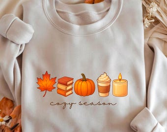 Cozy Season Sweatshirt, Books Lover Fall Gift, Womens Pumpkin Season Shirt, Cute Pumpkin Shirt, Autumn Leaf Shirt, Fall Coffee Latte Shirt
