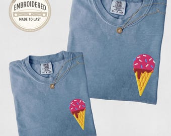 Mommy and Me Shirts Comfort Colors Kids Matching T-shirts Embroidered Ice Cream Summer Mama and Daughter Mama Mini Outfits for Girl Mom Gift