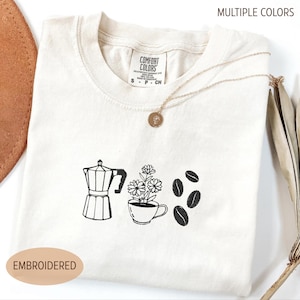 Embroidered Coffee Icons Shirt, Barista Embroidery Tee, Coffee Lover Tshirt, Coffee Weather Top, Comfort Colors Shirt, Gift for Her, Mom Tee
