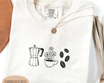 Camiseta bordada con colores cómodos para café, camiseta de barista, regalo para amantes del café, camiseta de espresso, camiseta bordada con íconos del café, camiseta con clima de café