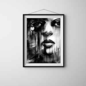Black&White Abstract Art of a woman&#39;s Face Sad Art, Aesthetic modern Wall Art for a living room, bad room, Poster Print, digital download.