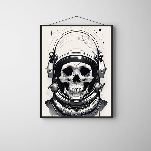 Astronaut Skull Drawing Artwork Graphic Wall Art, Modern Poster Home Decor, Digital Download