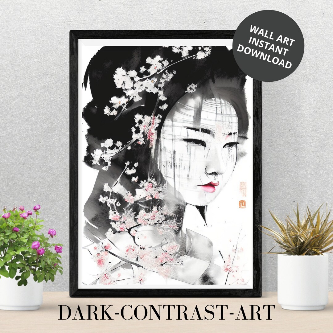 Japanese Geisha Black&white Digital Art Print, Japanese Wall Art, Digital Download, Japan