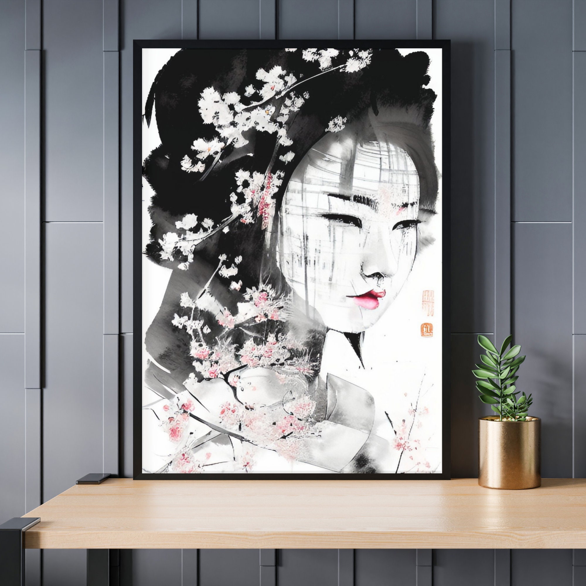 Japanese Geisha Black&white Digital Art Print, Japanese Wall Art