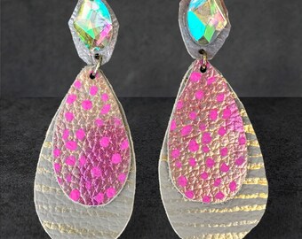 Hand painted leather dangle earring, handmade jewelry, statement earrings