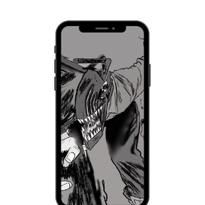 May include: A black and white illustration of a monster with sharp teeth and claws on a smartphone screen.