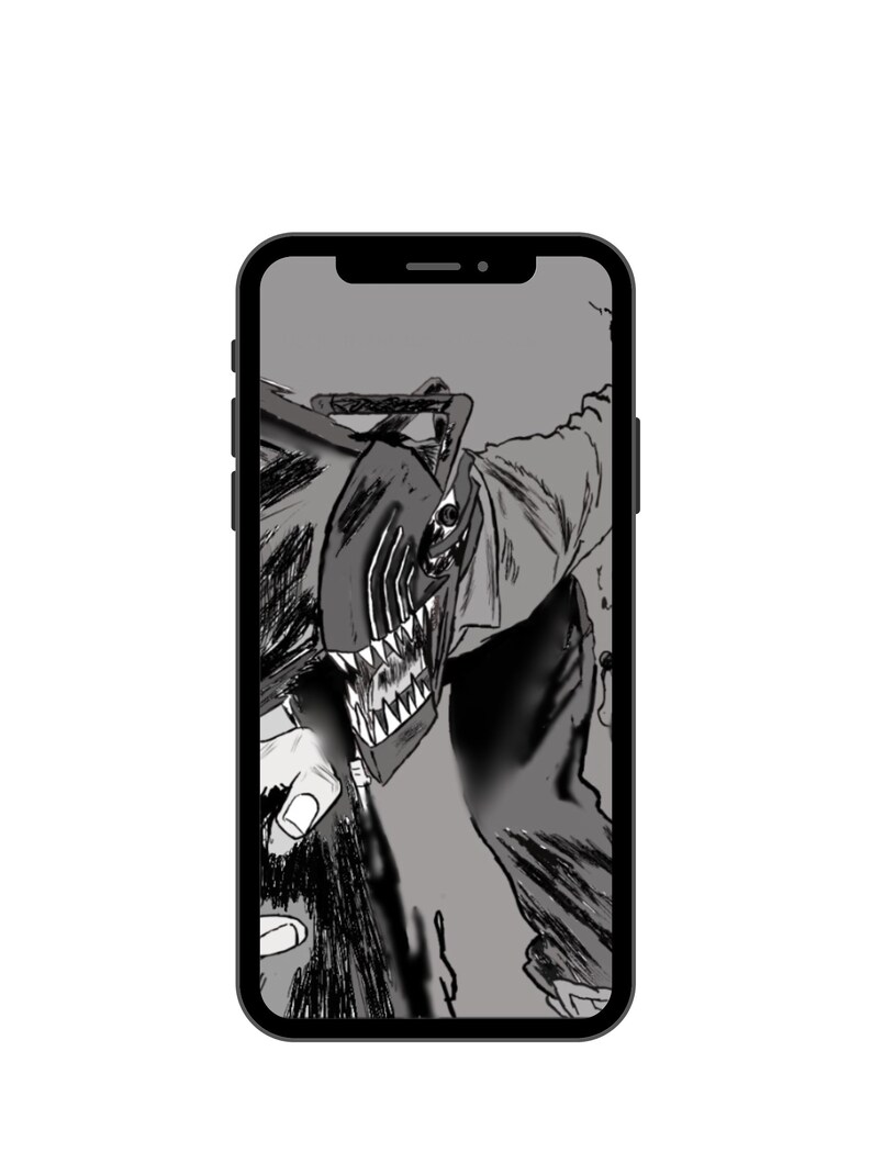 May include: A black and white illustration of a monster with sharp teeth and claws on a smartphone screen.