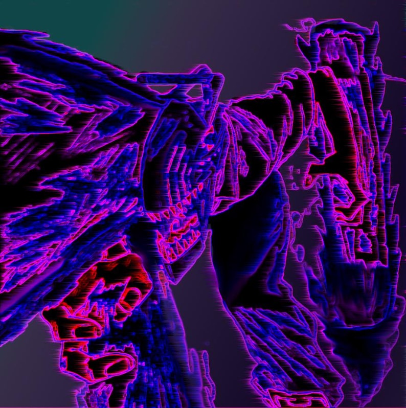 May include: A digital art piece featuring a creature with a glowing purple and pink outline. The creature appears to be a humanoid with a long, flowing mane of hair. The background is a dark, abstract design.