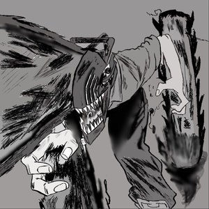 May include: Black and white illustration of a monster with sharp teeth and claws attacking a person. The monster is wearing a helmet with a sharp, jagged edge. The person is wearing a jacket and pants.