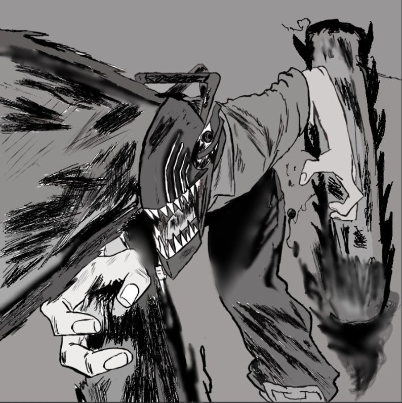May include: Black and white illustration of a monster with sharp teeth and claws attacking a person. The monster is wearing a helmet with a sharp, jagged edge. The person is wearing a jacket and pants.