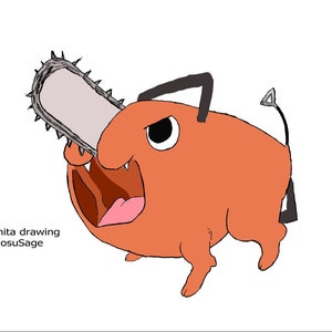 May include: A cartoon drawing of a pig with a chainsaw for a nose. The pig is orange and has a black tail. The chainsaw is silver and has a black handle.