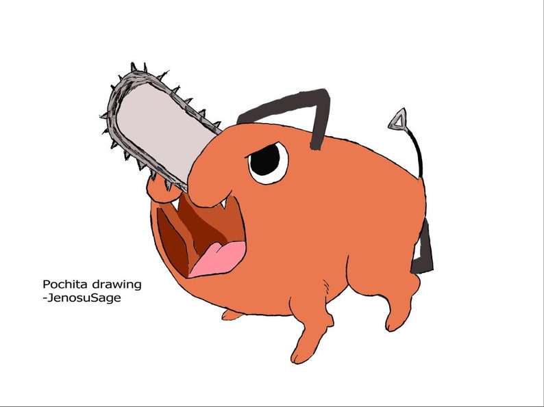 May include: A cartoon drawing of a pig with a chainsaw for a nose. The pig is orange and has a black tail. The chainsaw is silver and has a black handle.