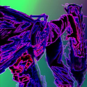 May include: Abstract digital art with a purple and pink color scheme. The image features a distorted, almost skeletal, figure with a jagged, textured surface.