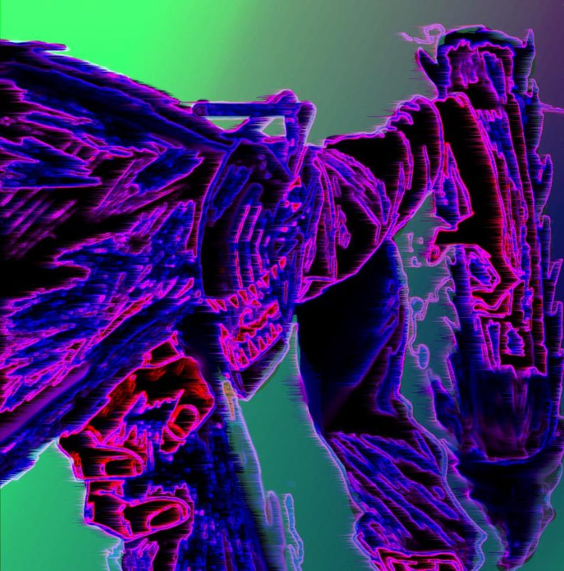 May include: Abstract digital art with a purple and pink color scheme. The image features a distorted, almost skeletal, figure with a jagged, textured surface.