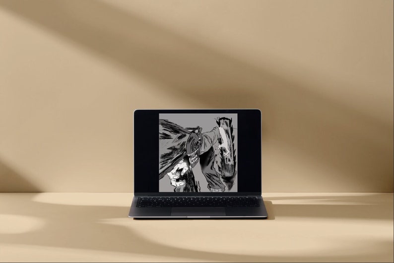 May include: A laptop computer with a black screen displaying a black and white illustration of a character from a manga or anime. The character is wearing a dark jacket and has a menacing expression.