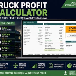 Op de afbeelding: Een digitale vrachtwagenwinstcalculator op een laptopscherm, met een Excel-spreadsheetinterface met invoervelden voor prijsmethoden, vrachtdetails en kostenanalyse. De lay-out bevat secties voor resultaten, winstmarges en tariefcontroles.
