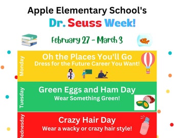 Dr. Seuss Week School Spirit Itinerary, Editable Printable Template, Read Across America, Elementary Kids Calendar, PTO PTA, Class Schedule