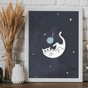Cat with a ball of wool in space - Printable Wall Art, Digital Download Wall Art, Stylish Picture, Nursery Decor