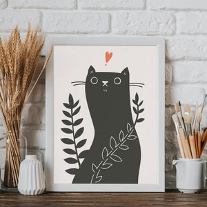 Black cat with a heart above his head - Printable Wall Art, Digital Download Wall Art, Stylish Picture, Nursery Decor