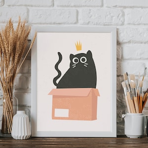 Cute kitten in a box with a crown above his head - Printable Wall Art, Digital Download Wall Art, Stylish Picture, Nursery Decor