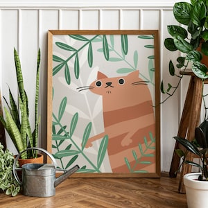 Gato entre plantas - Arte de pared imprimible, arte de pared con descarga digital, imagen elegante, decoración de guardería