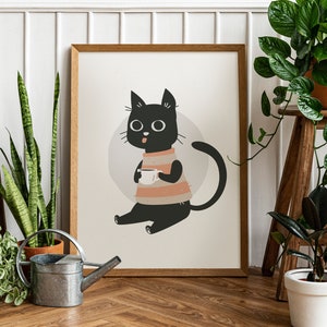 Cute kitten in a sweater with a cup of coffee - Printable Wall Art, Digital Download Wall Art, Stylish Picture, Nursery Decor
