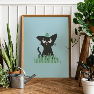 Cute cat with a frog on his head - Printable Wall Art, Digital Download Wall Art, Stylish Picture, Nursery Decor