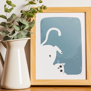 Cute white cat on a blue background - Printable Wall Art, Digital Download Wall Art, Stylish Picture, Nursery Decor