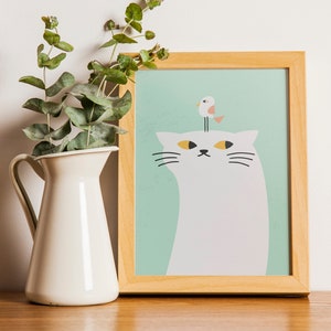 Cat with cute bird on his head - Printable Wall Art, Digital Download Wall Art, Stylish Picture, Nursery Decor