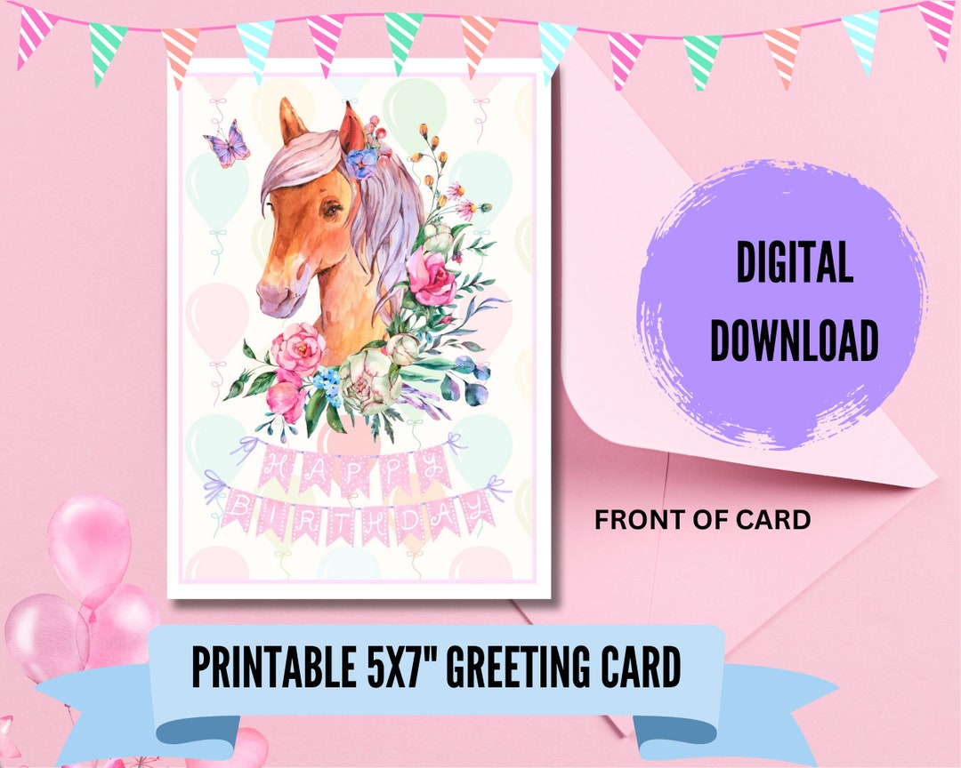 Horse Theme Girls' Birthday Card Printable PDF &amp; JPEG Formats - Etsy