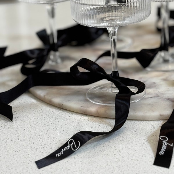 Ribbon place setting, Ribbon name setting, Bow place setting, black ribbon drink tags, drink tag, bow drink tag, wedding place setting