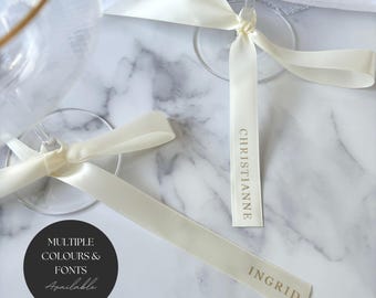 Wedding Place Setting Bow and Drink Tags - Printed Ribbon Name Settings for Modern Decor - Printed Satin Ribbon Place Cards and Drink Tags