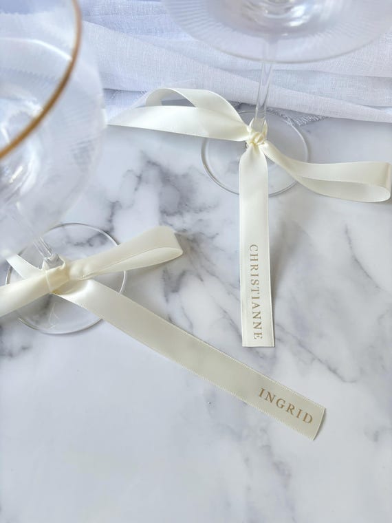 Wedding Place Setting Bow and Drink Tags - Printed Ribbon Name Settings for Modern Decor - Printed Satin Ribbon Place Cards and Drink Tags