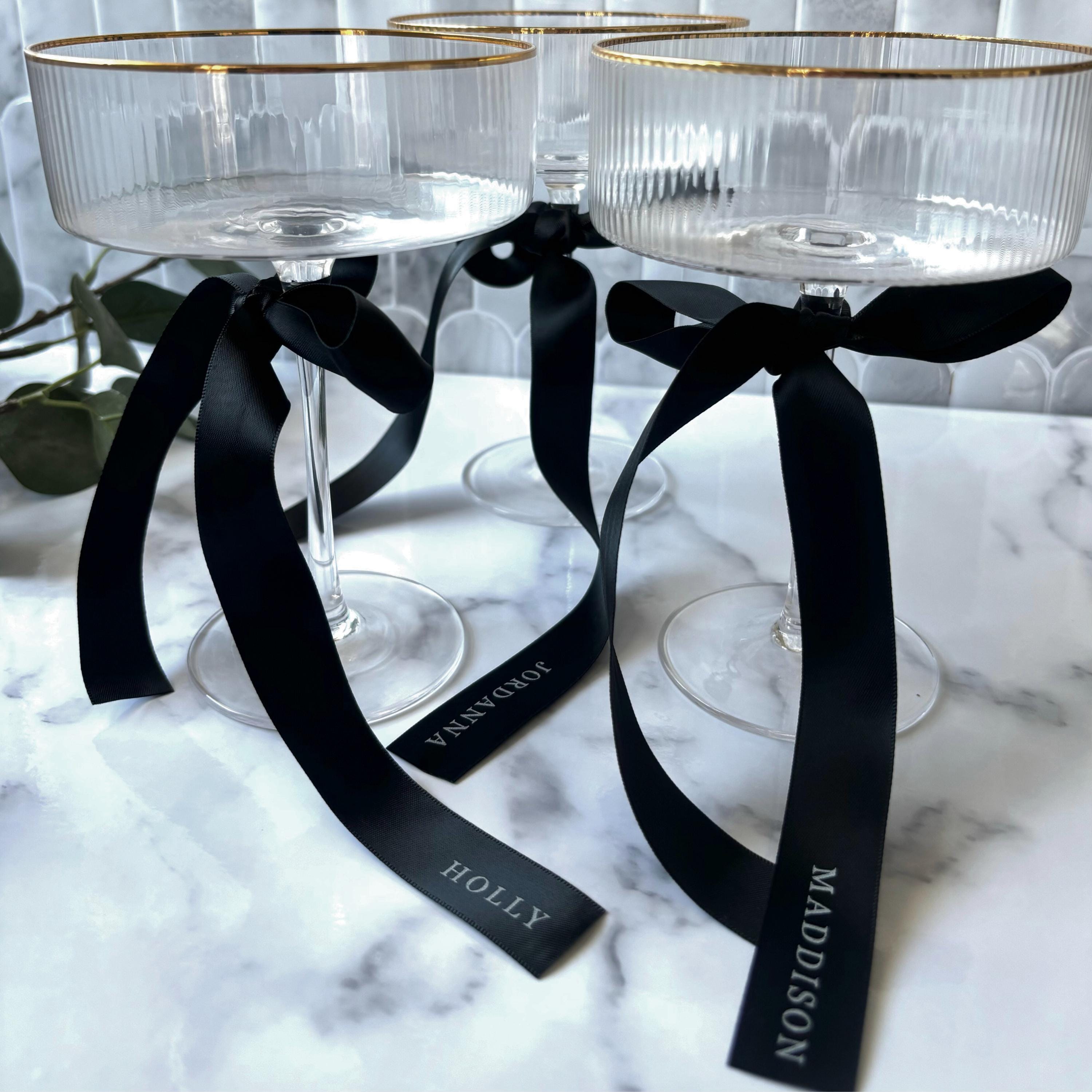 Wedding Place Setting Bow and Drink Tags - Printed Ribbon Name Settings for Modern Decor - Printed Satin Ribbon Place Cards and Drink Tags