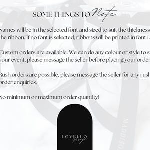 May include: White background with black text that reads "SOME THINGS TO Note" and bullet points about custom orders and rush orders. The Lovello Design logo is at the bottom.