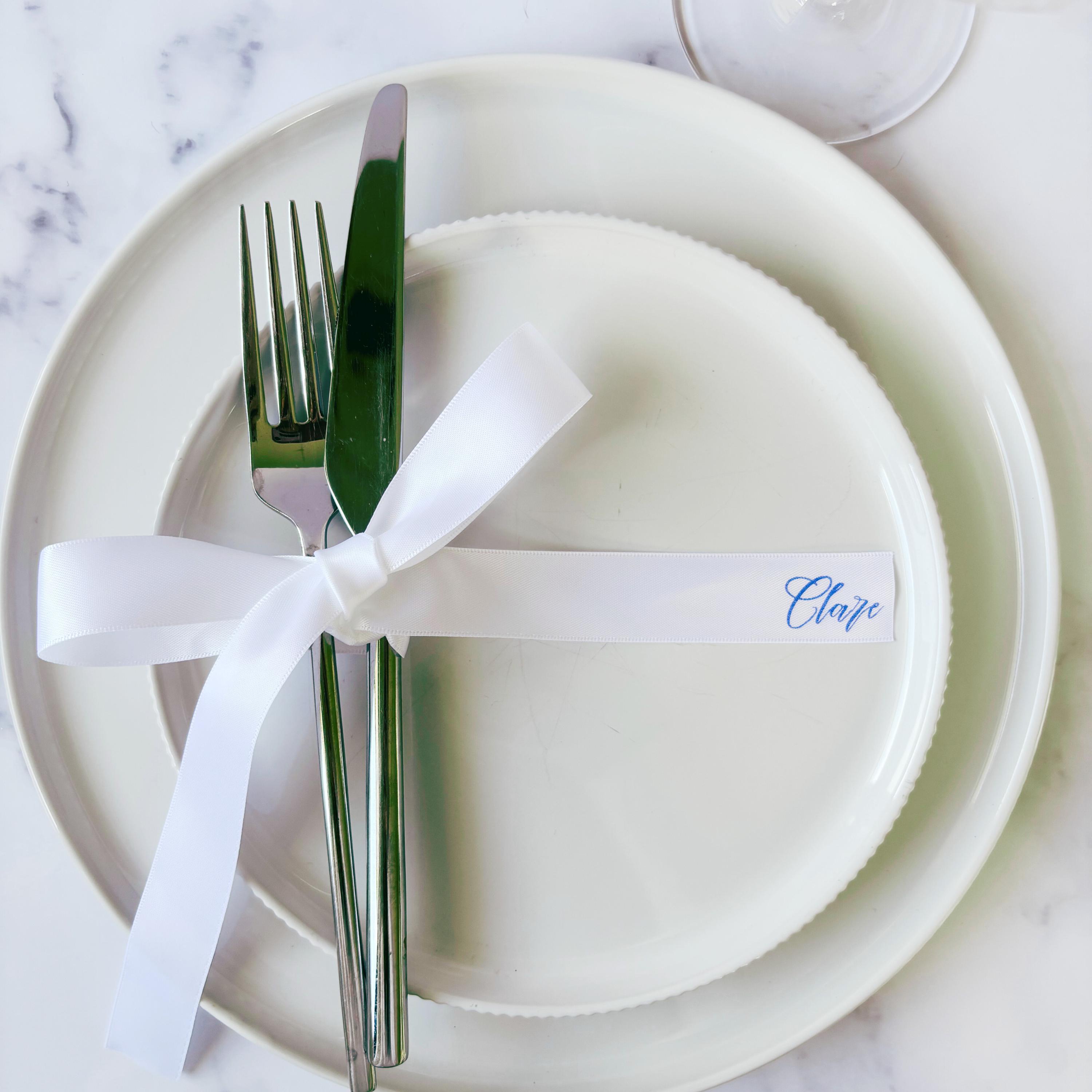 Wedding Place Setting Bow and Drink Tags - Printed Ribbon Name Settings for Modern Decor - Printed Satin Ribbon Place Cards and Drink Tags