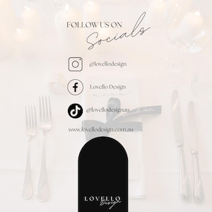 May include: A white background with the text "FOLLOW US ON Socials" in elegant script. Social media icons for Instagram, Facebook, and TikTok are displayed, along with a website address. Silverware and candles are also visible.