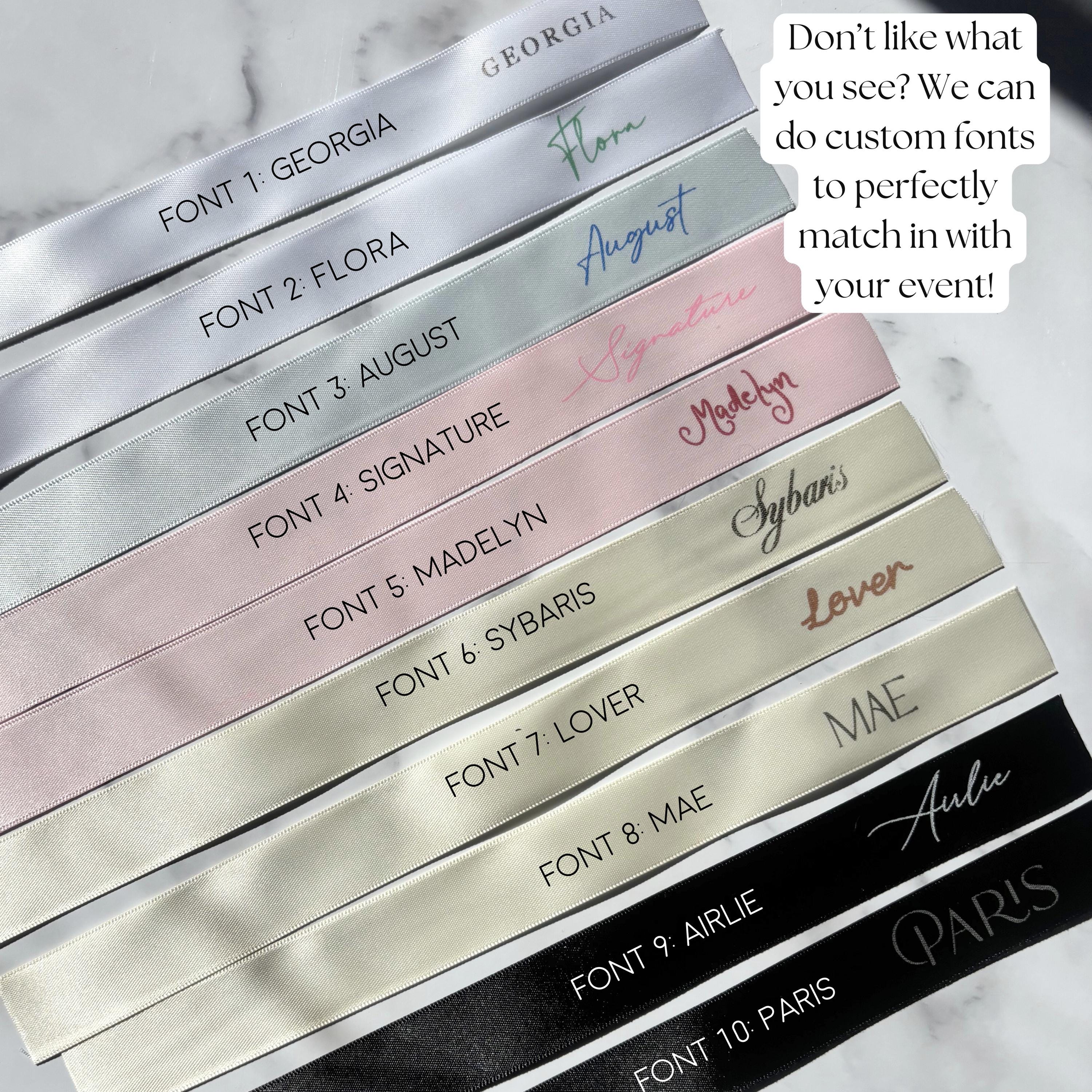 Wedding Place Setting Bow and Drink Tags - Printed Ribbon Name Settings for Modern Decor - Printed Satin Ribbon Place Cards and Drink Tags