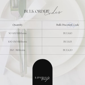 May include: A white plate with a fork and ribbon, with a table of bulk order codes. The table lists quantity ranges of ribbons and corresponding discount codes: BULK10, BULK15, and BULK20. The Lovello Design logo is at the bottom.