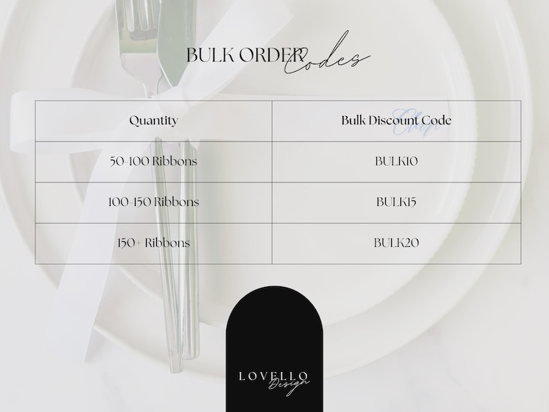May include: A white plate with a fork and ribbon, with a table of bulk order codes. The table lists quantity ranges of ribbons and corresponding discount codes: BULK10, BULK15, and BULK20. The Lovello Design logo is at the bottom.