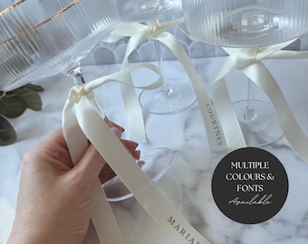 Wedding Place Setting Bow and Drink Tags - Printed Ribbon Name Settings for Modern Decor - Printed Satin Ribbon Place Cards and Drink Tags