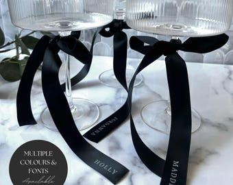 Wedding Place Setting Bow and Drink Tags - Printed Ribbon Name Settings for Modern Decor - Printed Satin Ribbon Place Cards and Drink Tags