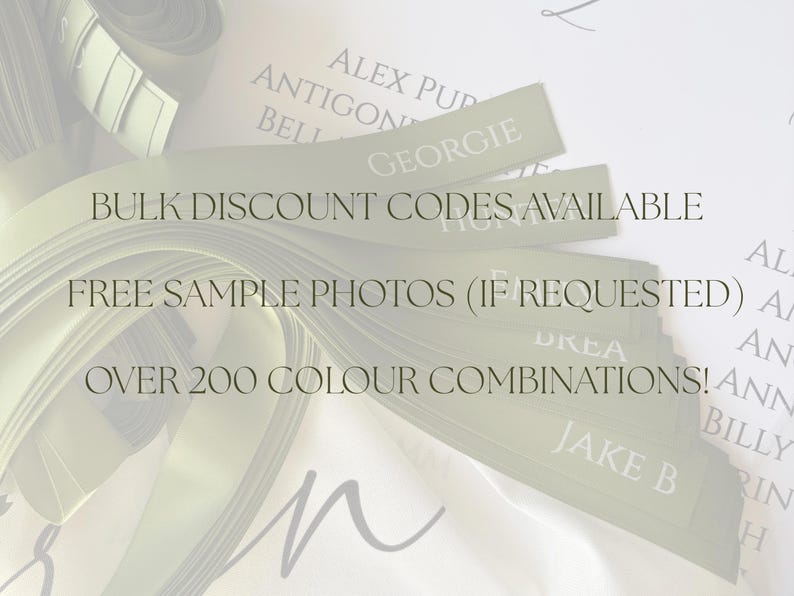 May include: A collection of light green name tags with white text, fanned out over a white surface. The tags display names and the text "BULK DISCOUNT CODES AVAILABLE", "FREE SAMPLE PHOTOS (IF REQUESTED)", and "OVER 200 COLOUR COMBINATIONS!"