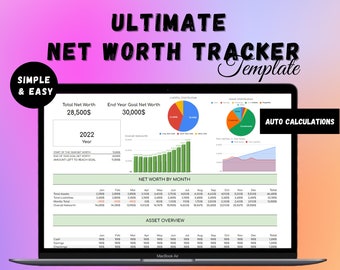 May include: A Google Sheets template for tracking net worth. The template includes a chart showing net worth by month, a pie chart showing asset distribution, and a table showing asset overview. The template is titled "Ultimate Net Worth Tracker Template" and is described as "Simple & Easy".