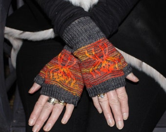 May include: A pair of gray fingerless gloves with orange and yellow stripes and a spider design.